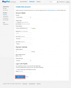 PayPal Developer Portal - Create Account Page