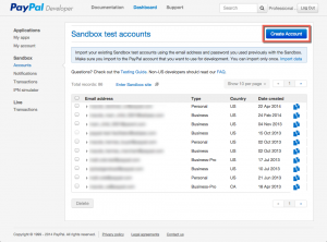 PayPal Developer Portal - Sandbox Accounts Page