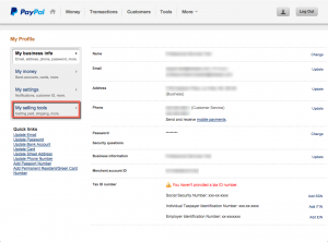 PayPal New Profile - My Selling Tools Link