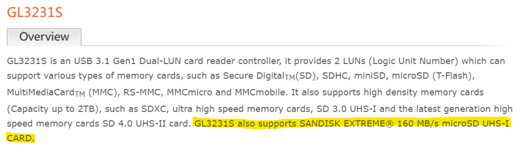 Screenshot from Genesys Logic's website, from the product page for the GL3231S.  The statement "GL3231S also supports SANDISK EXTREME 160MB/s microSD UHS-I CARD" is highlighted.